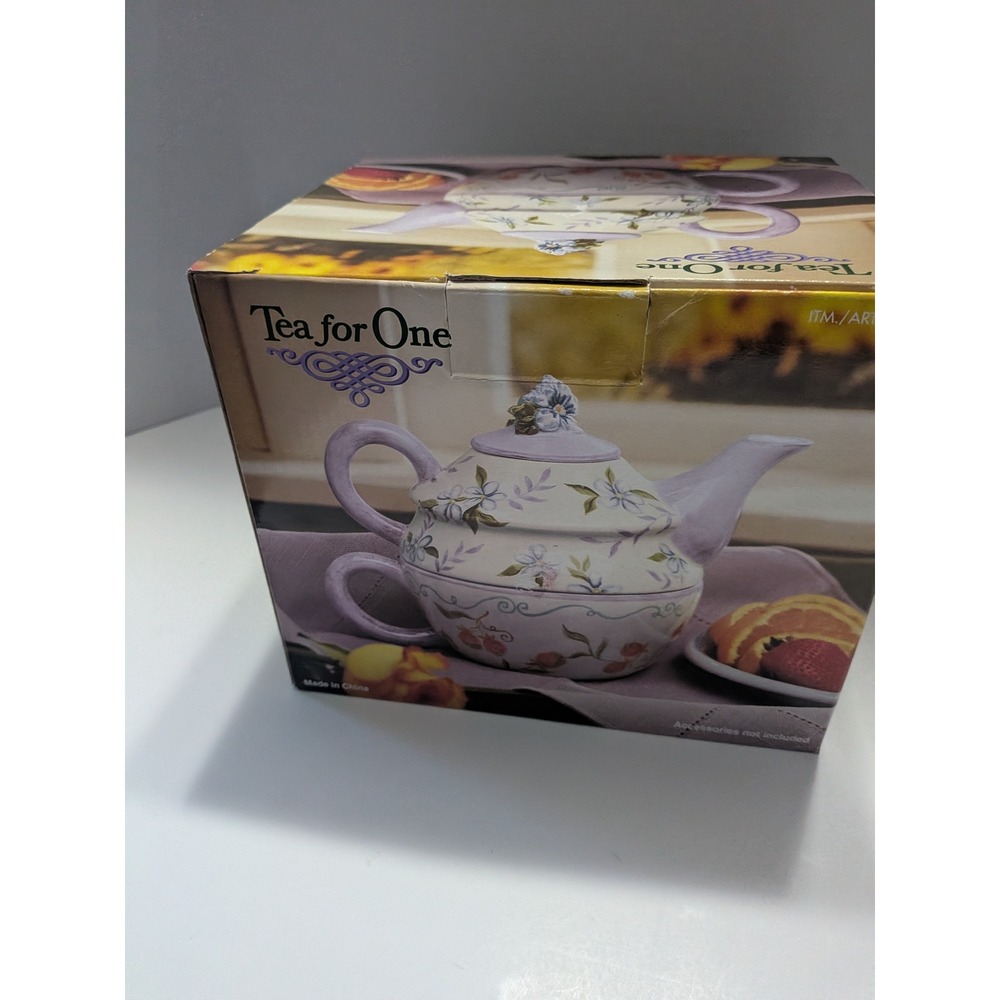 Capriware Tea for One Set Hand Painted Ceramic Teapot and Cup Floral Purple Blue
